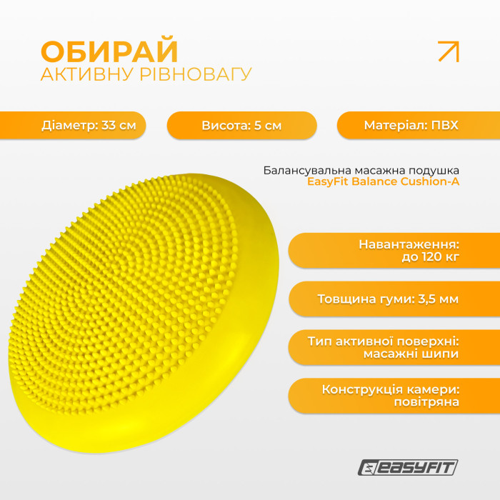Балансировочная подушка массажная EasyFit желтая