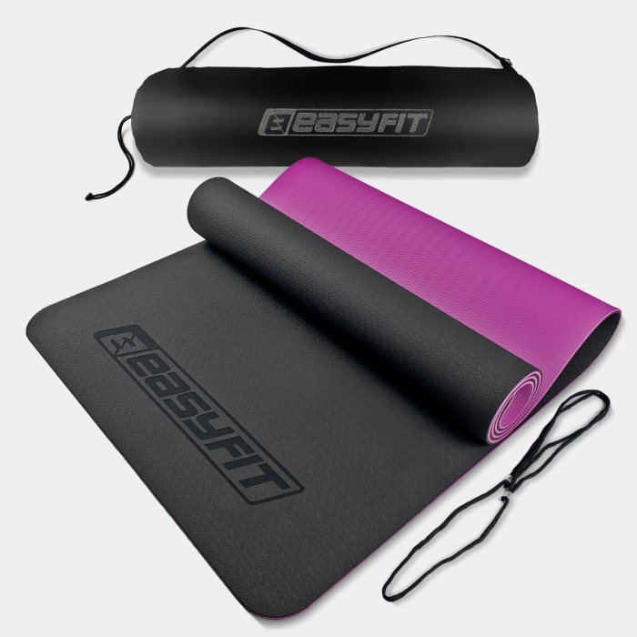 Коврик для йоги и фитнеса EasyFit TPE+TC 6 мм двухслойный + Чехол черный с фиолетовым