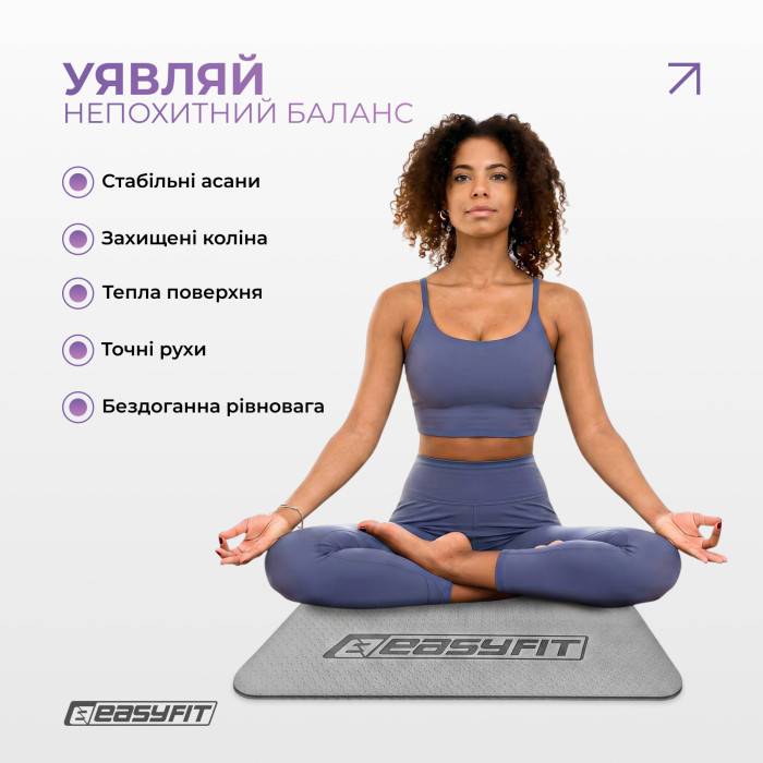 Коврик для йоги и фитнеса EasyFit TPE+TC 6 мм двухслойный серый-черный