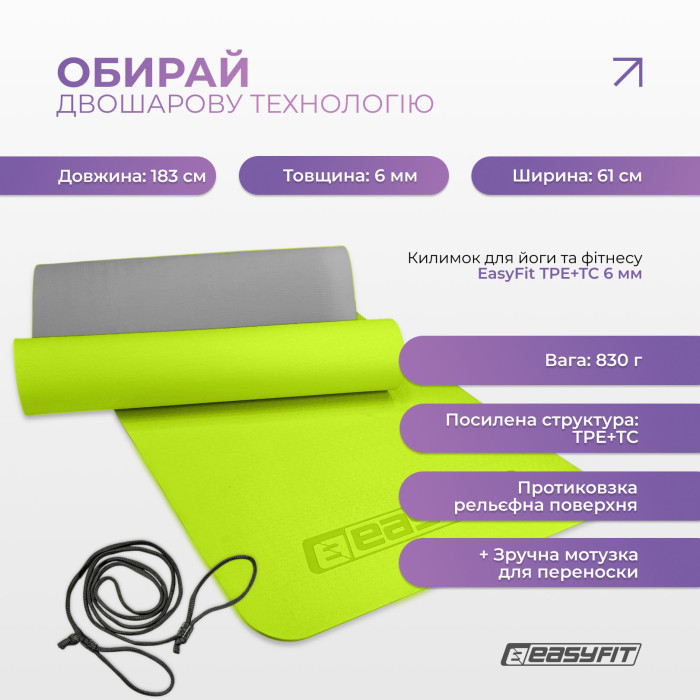 Килимок для йоги та фітнесу EasyFit TPE+TC 6 мм двошаровий лимонний-сірий