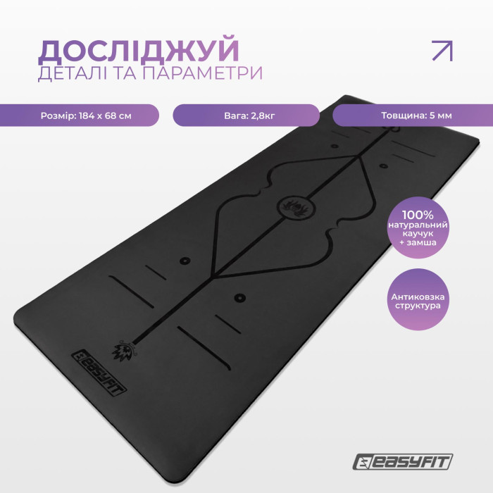 Килимок для йоги професійний EasyFit Pro каучук 5 мм Чорний