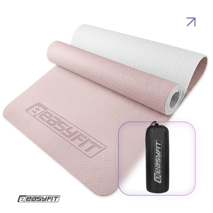Коврик для йоги и фитнеса EasyFit TPE+TC 6 мм двухслойный пудровый-светло-серый+чехол