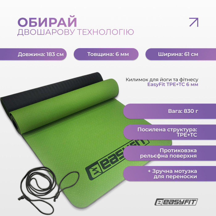 Коврик для йоги и фитнеса EasyFit TPE+TC 6 мм двухслойный зеленый-черный