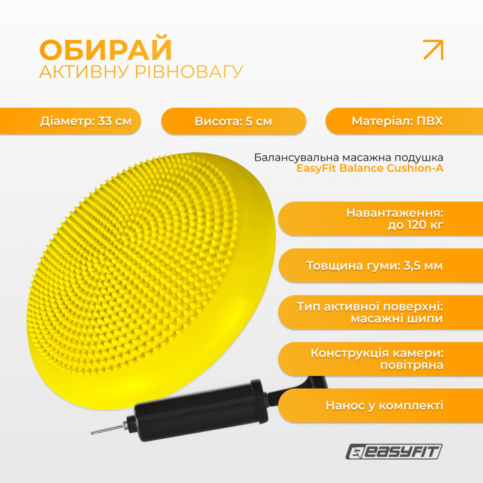 Балансировочная подушка массажная EasyFit желтая