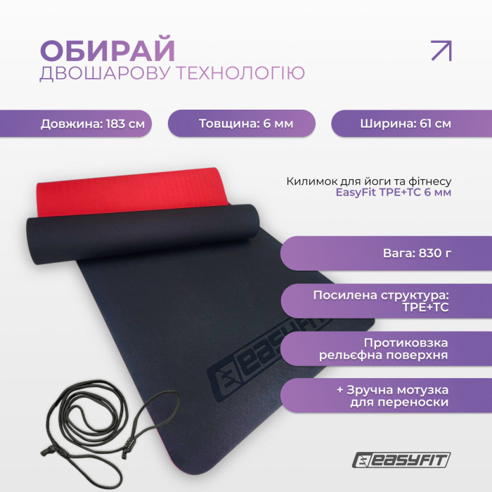Килимок для йоги та фітнесу EasyFit TPE+TC 6мм двошаровий чорний-червоний