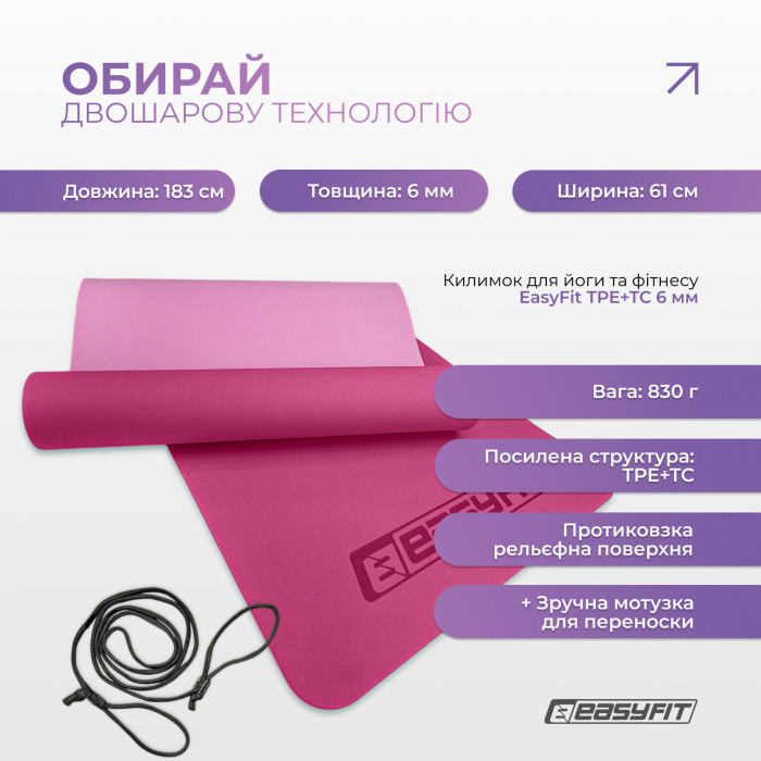 Килимок для йоги та фітнесу EasyFit TPE+TC 6мм двошаровий рожевий-св. рожевий