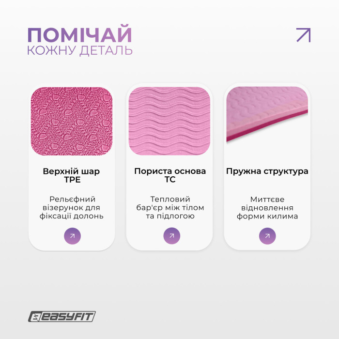 Килимок для йоги та фітнесу EasyFit TPE+TC 6мм двошаровий рожевий-св. рожевий