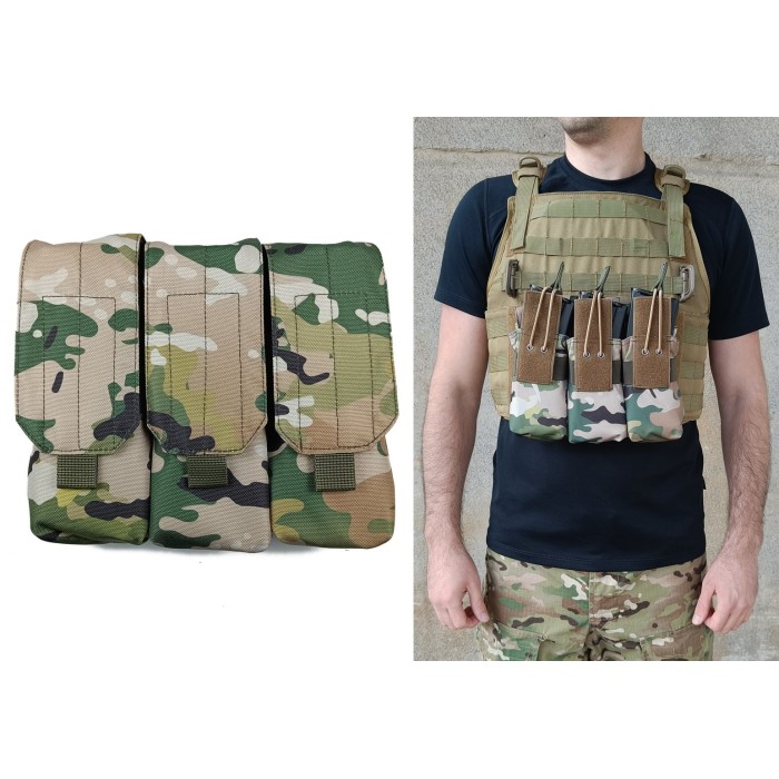 Подсумок под 6 магазинов АК/РПК тройной мультикам (MOLLE, подсумок на разгрузку, жилет, РПС)