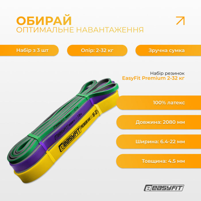Набір двошарових резинок для підтягування EasyFit Premium 2-32 кг (3 шт)