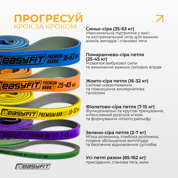 Набір двошарових резинок для підтягування EasyFit Premium 2-63 кг (5 шт)