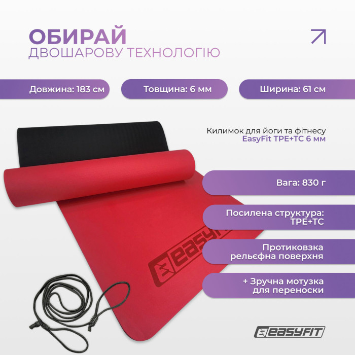 Килимок для йоги та фітнесу EasyFit TPE+TC 6мм двошаровий червоний-чорний