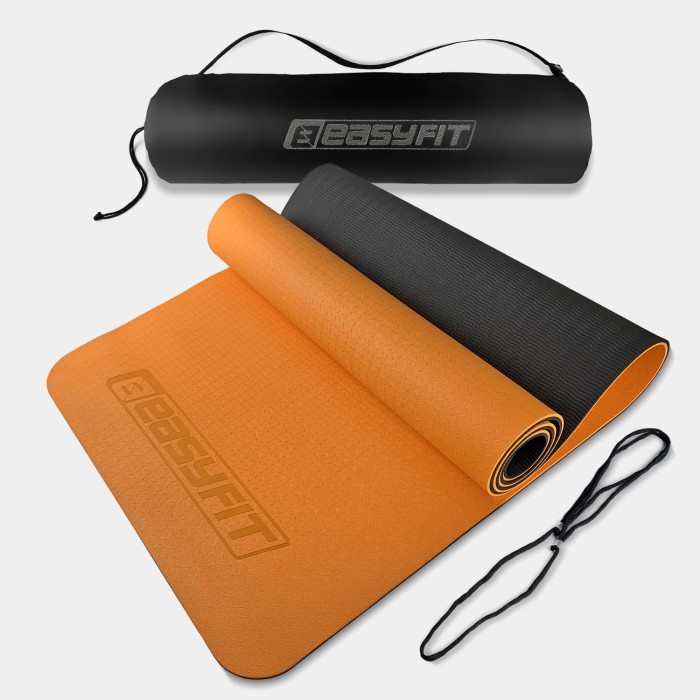 Коврик для йоги и фитнеса EasyFit TPE+TC 6 мм двухслойный + Чехол оранжевый с черным